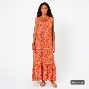 Nine West Orange Geo Print Halter Sleeveless Maxi Dress Large